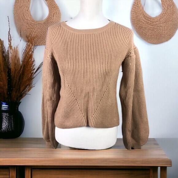 Nordstrom Womens Sweater Crop Top Size S Crew Camel Tan Balloon Sleeves Causal - Picture 1 of 15